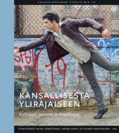 Kansallisesta ylirajaiseen -kirjan kansi. Kannen kuvassa henkilö nojaa eteenpäin kurottaen niin, että hänen oikea kätensä ja vasen jalkansa jäävät kuvan ulkopuolelle.